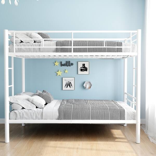 slide 2 of 6, Metal Twin Over Twin Size Bunk Bed with Ladder, High Guardrail and Storage White