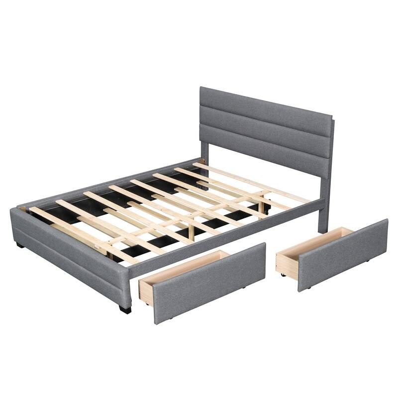 Upholstered Queen Size Platform Bed with 2 Storage Drawers and Twin Trundle Bed, Wood Queen Bed Frame with Linen Fabric