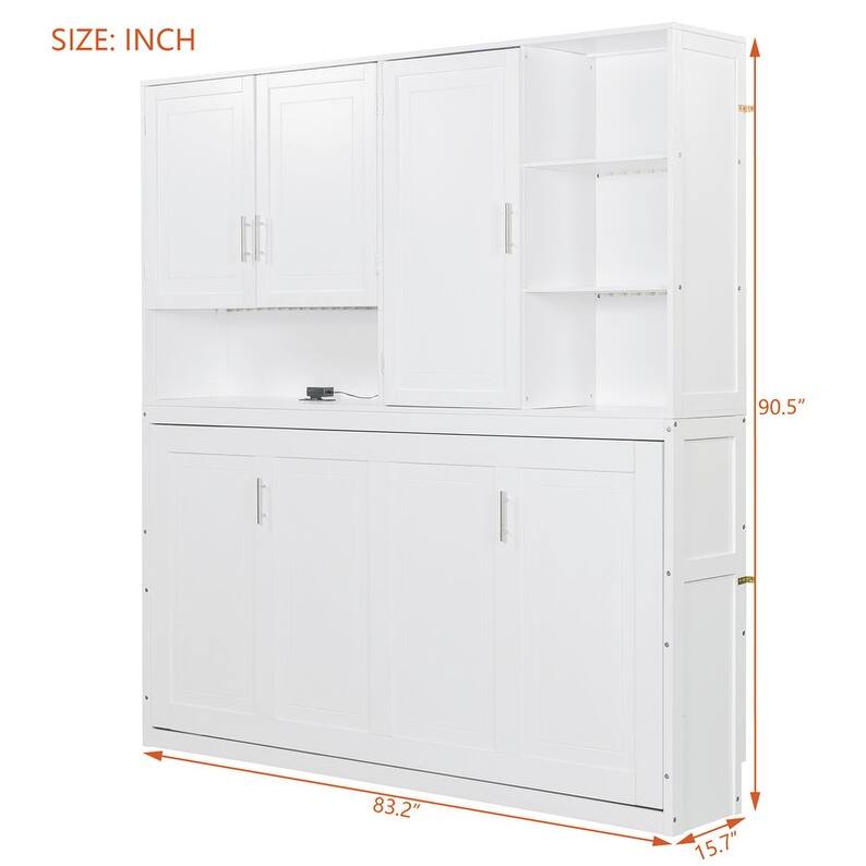 Twin Size Murphy Bed Wall Bed with Top Cabinet and LED Light, Space Saving Foldable Murphy Cabinet Bed w/ Storage Shelves & USB