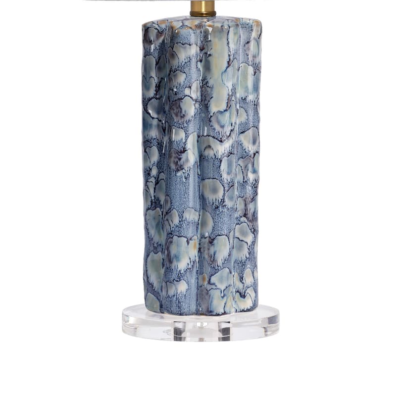 Flix Accent Table Lamp, 23 Inch, White Linen, Blue Scalloped Ceramic