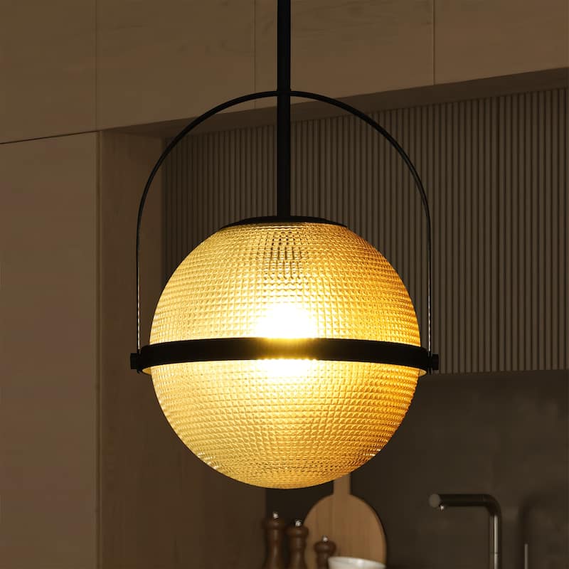 1-Light Modern Industrial Black Metal/Gold Pendant Light with Textured Glass Globe Shade for Kitchen Island Dining Room - Black