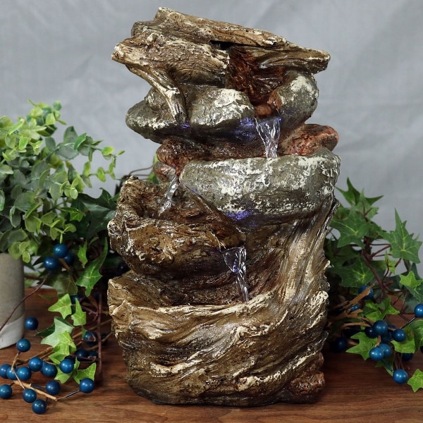 Sunnydaze Tiered Rock and Log Tabletop Fountain with LED Lights - 10.5-Inch