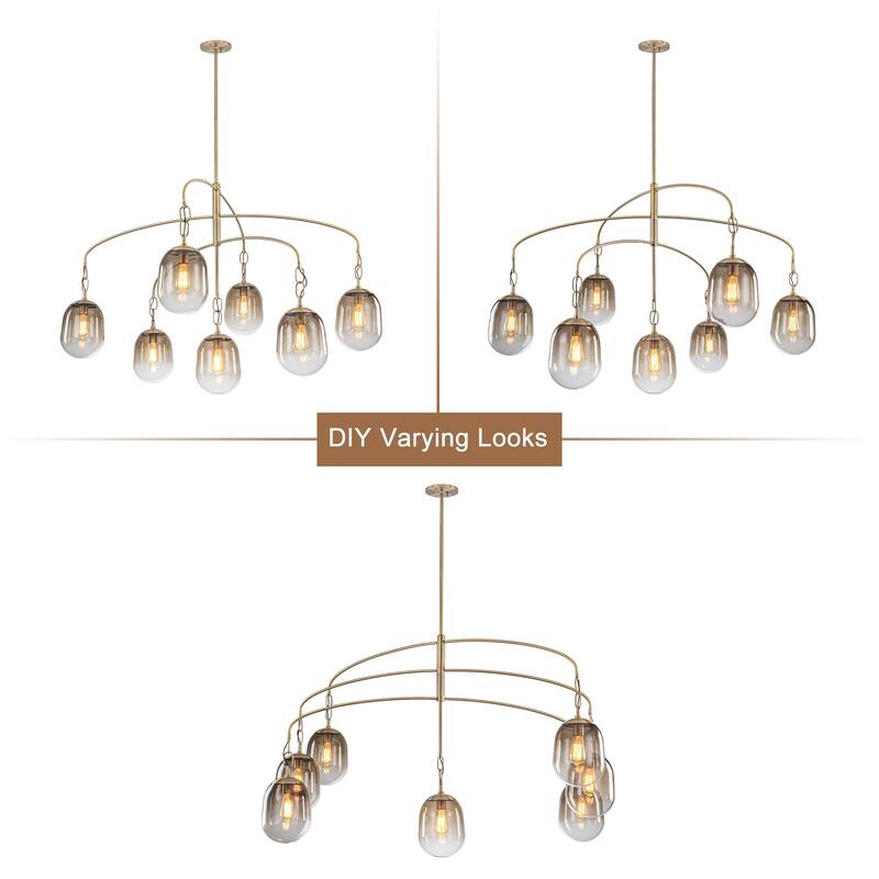 Modern Gold Chandelier Gradient Glass Shades 2-Tier Curved Arm