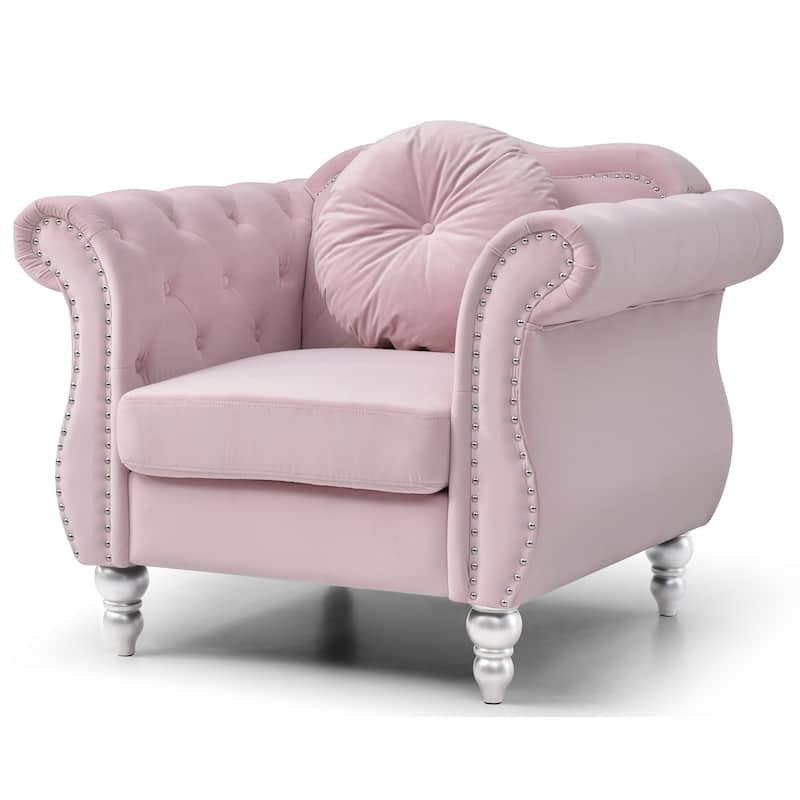 Solid Velvet Accent Chair with Round Pillow - 39" - Pink