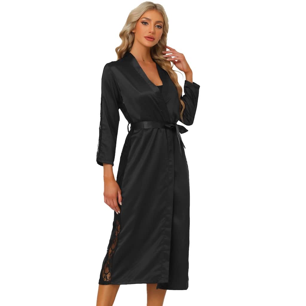 Womens Satin Robe Lace Trim Long Sleeve Dressing Gown Bathrobe Bridesmaid Wedding Bride Robe