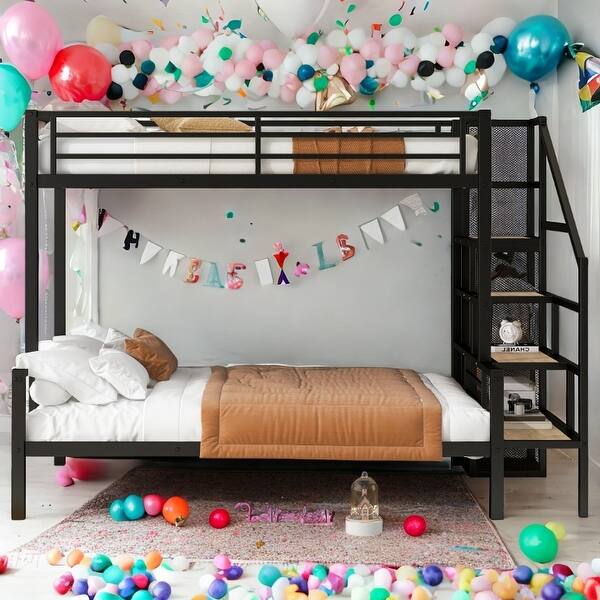 slide 2 of 12, Metal Twin over Full Bunk Bed with Storage Staircase and Open Wardrobe,Kids and Baby Black