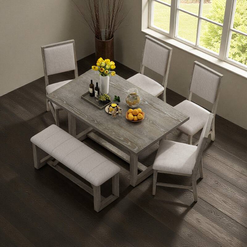 6-Piece Retro Farmhouse Dining Table Set, 60" Wood Table with 4 Upholstered Chairs and Bench for Kitchen & Dining Room