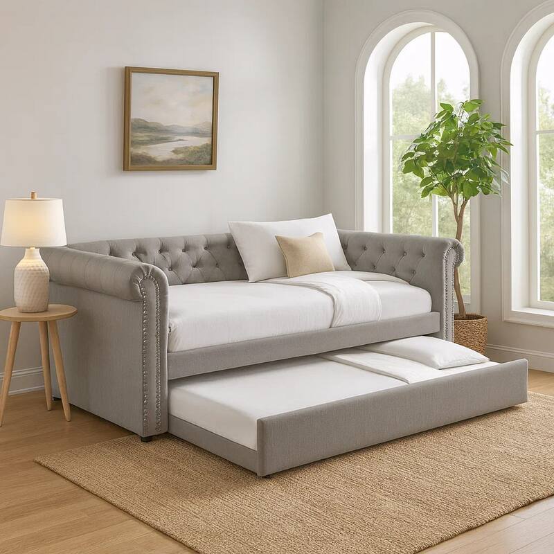 Ellen Trundle Daybed, Gray Fabric Upholstery, Rolled Arms, Nailhead Trim