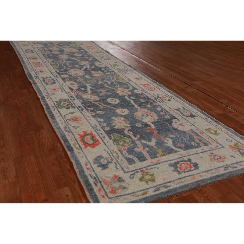 Hand Knotted Oriental 100% Wool Carpet Transitional Floral Navy Blue & Blues Oushak Runner Rug - 8' 10'' X 3' 0''