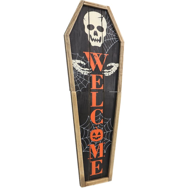 Haunted Hill Farm 33-In. Wood Coffin Welcome Sign with Folding Storage Hinges for Halloween Hanging Decoration