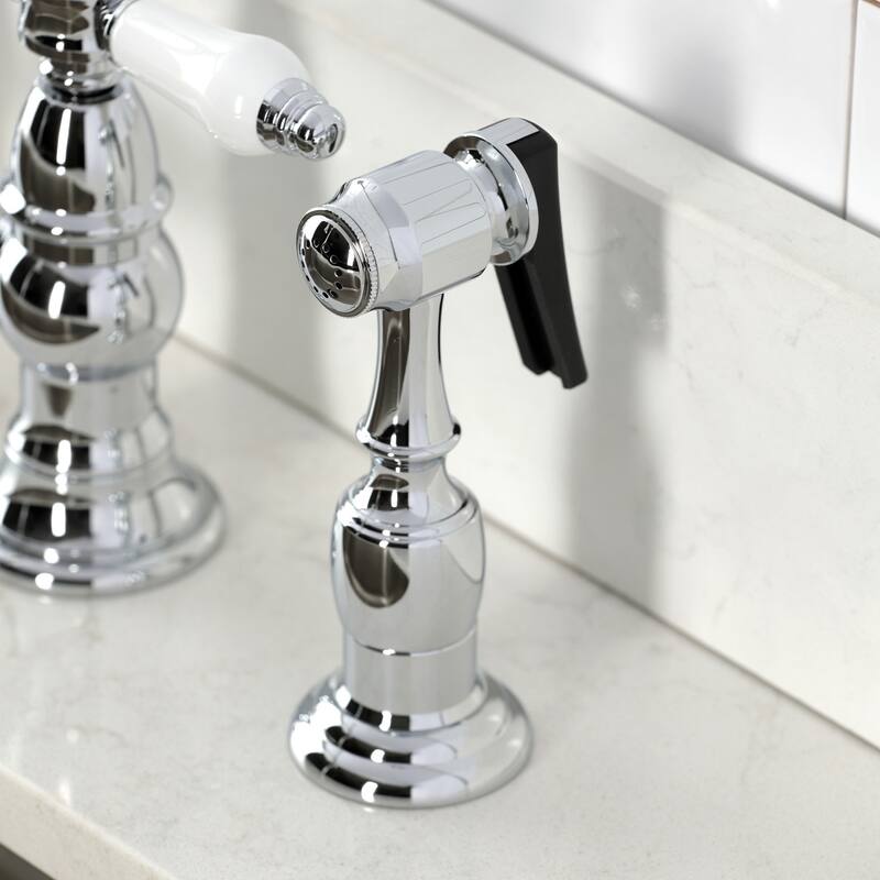 Kingston Brass Bel-Air Two-Handle 4-Hole Deck Mount Bridge Kitchen Faucet with Brass Side Sprayer