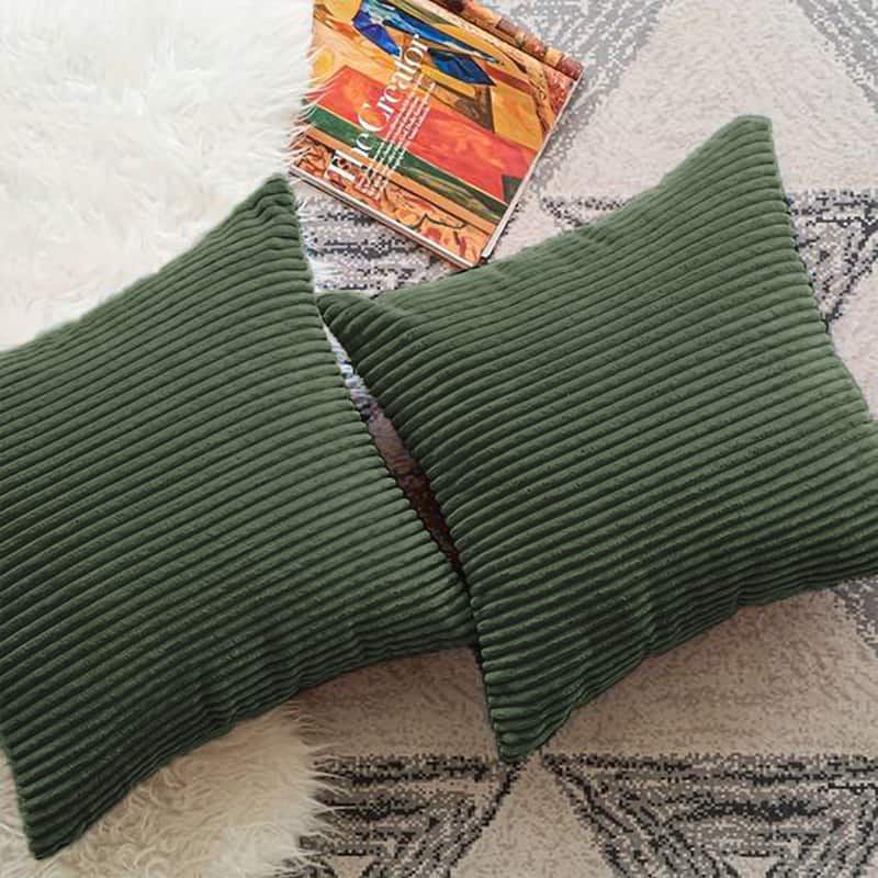 Set of 2 Decorative Corduroy Throw Pillows for Couch & Bed - Green