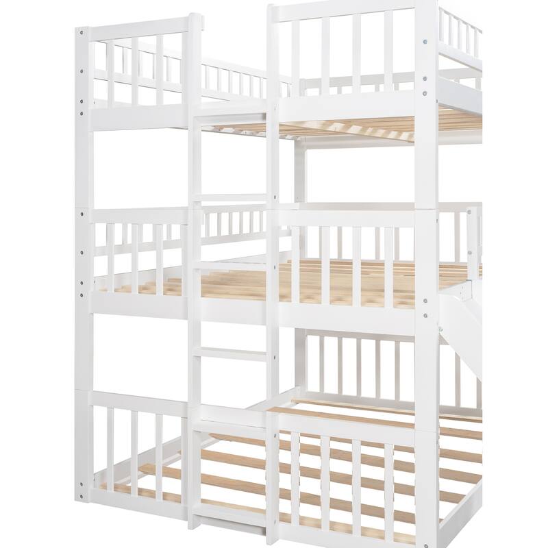 Full Over Full Over Full Triple Bed Convertible into 2 Full Size Platform Beds and 1 Floor Bed, Bed Frame with Slide and Ladder