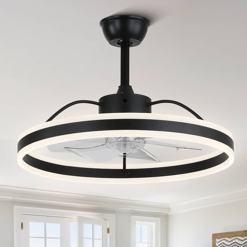 Oaks Aura Modern 20in. Low Profile Ceiling Fan with Light, 6-Speed Flush Mount Ceiling Fan, Smart App Remote Control For Bedroom - 24in.-Downrod - Black