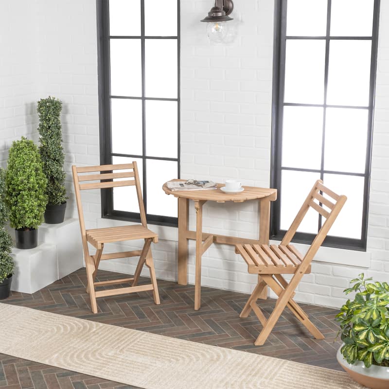 Nerja Classic French Country 3-Piece Acacia Wood Half-Round Outdoor Folding Bistro Set, Light Teak by JONATHAN Y