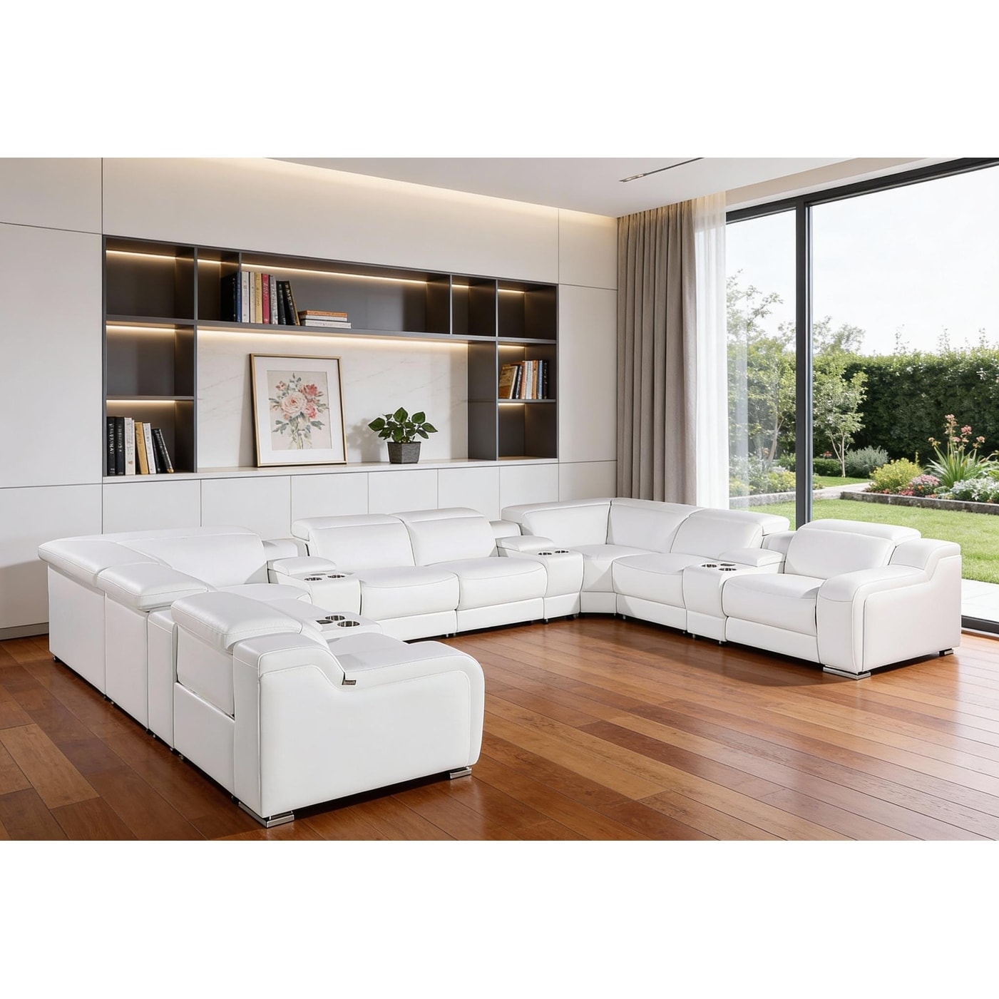 HomeRoots White Italian Leather Power Reclining U Shaped Twelve Piece Corner Sectional With Console
