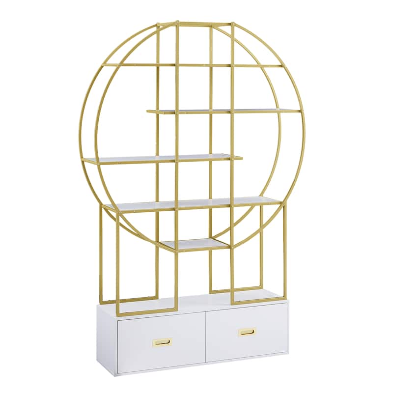 Roomfitters 70.8" Round Bookcase for Office, Bookshelf with Display Shelves and 2 Drawers, Gold Frame, Golden+White