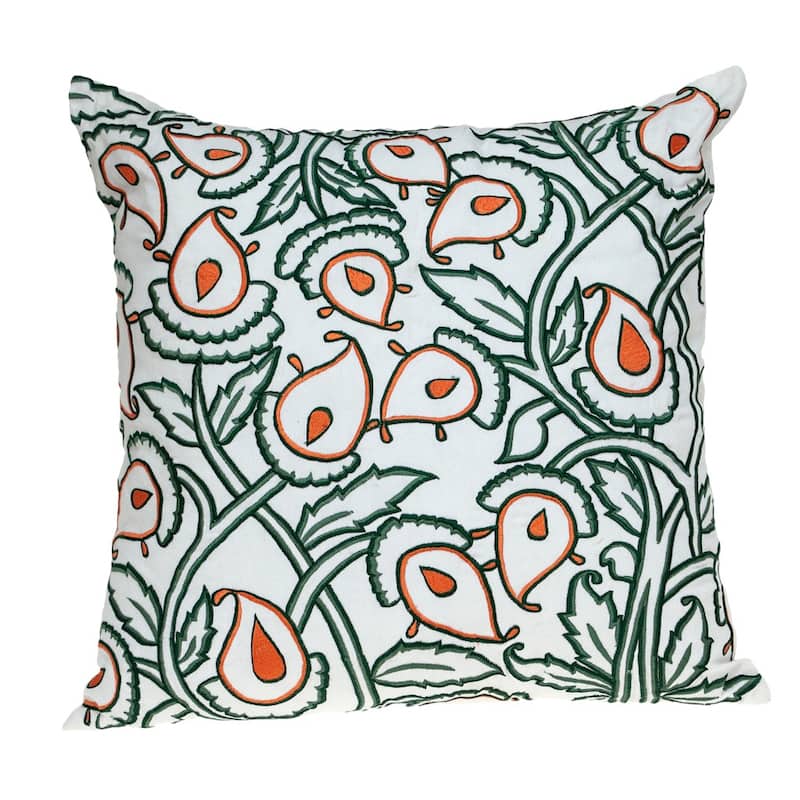 HomeRoots 22" Green and White Cotton Throw Pillow with Embroidery