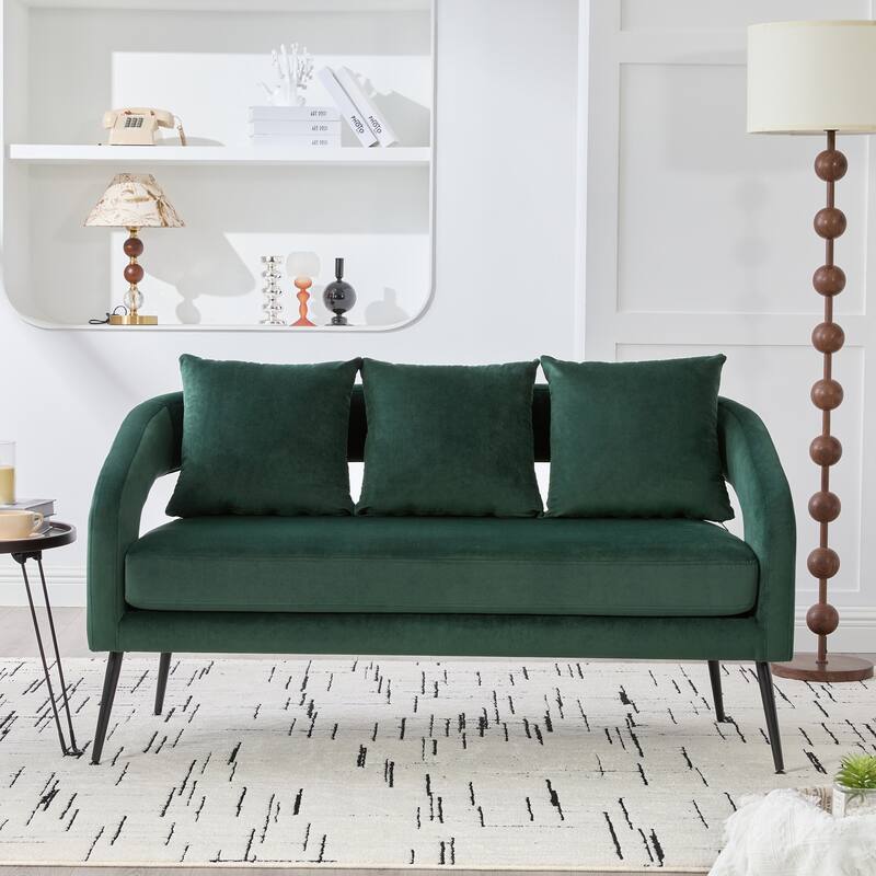 Roomfitters Velvet Loveseat, Modern Open Back 2-Seater Sofa with 3 Pillows and Metal Legs for Small Living Room or Bedroom