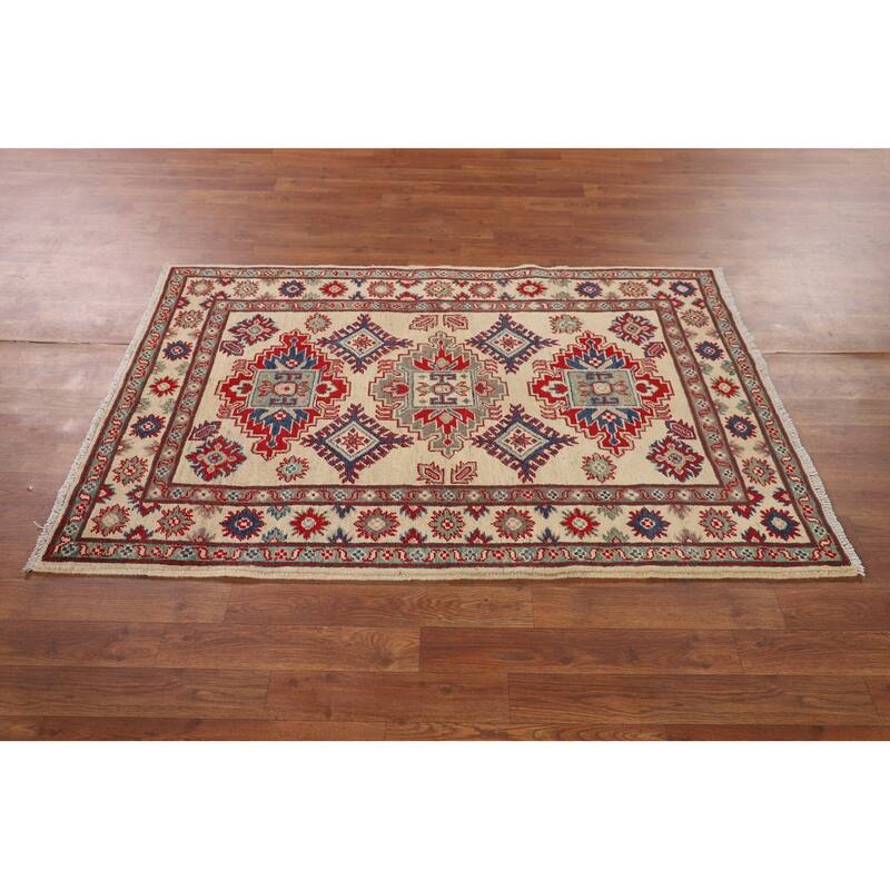 Geometric Kazak Oriental Accent Rug Handmade Beige Wool Carpet - 3'3" x 5'0"
