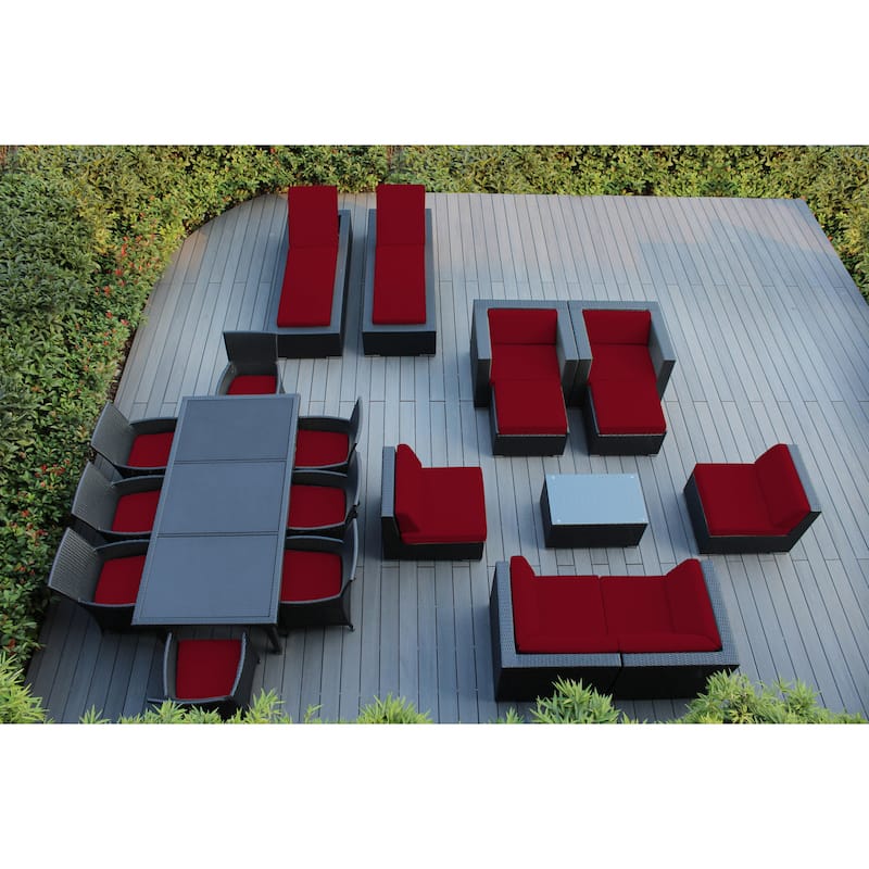 Ohana Outdoor Patio 20 Piece Black Wicker Sofa, Dining and Chaise Set - Red