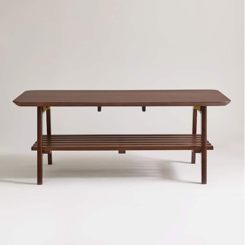 Wooden Coffee Table with Storage Shelf, Mid-Century Rectangular Center Table for Living Room,Walnut Brown