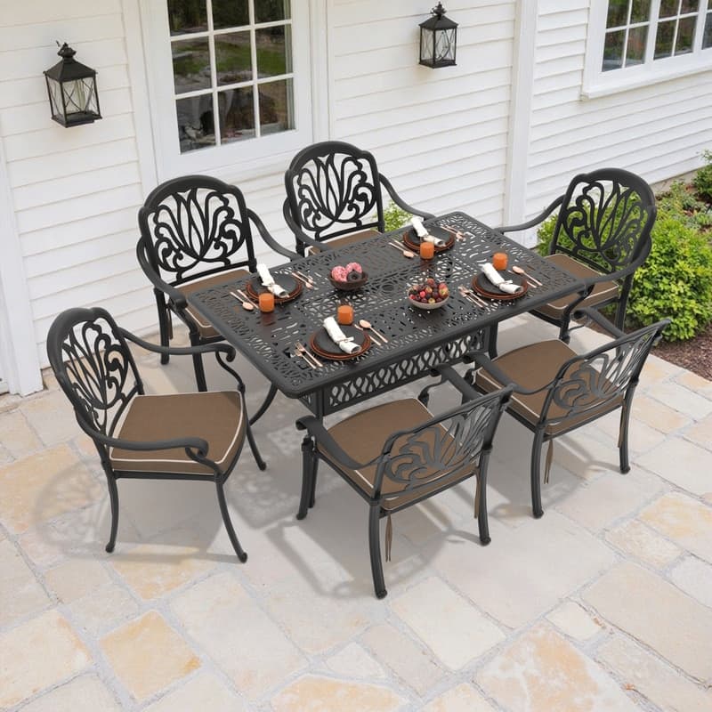 7-Piece Patio Dining Set Aluminum Table & 6 Dining Arm Chairs with Brown Cushions