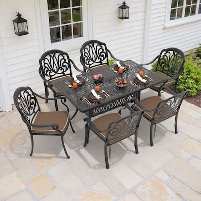 7-Piece Patio Dining Set Aluminum Table & 6 Dining Arm Chairs with Brown Cushions