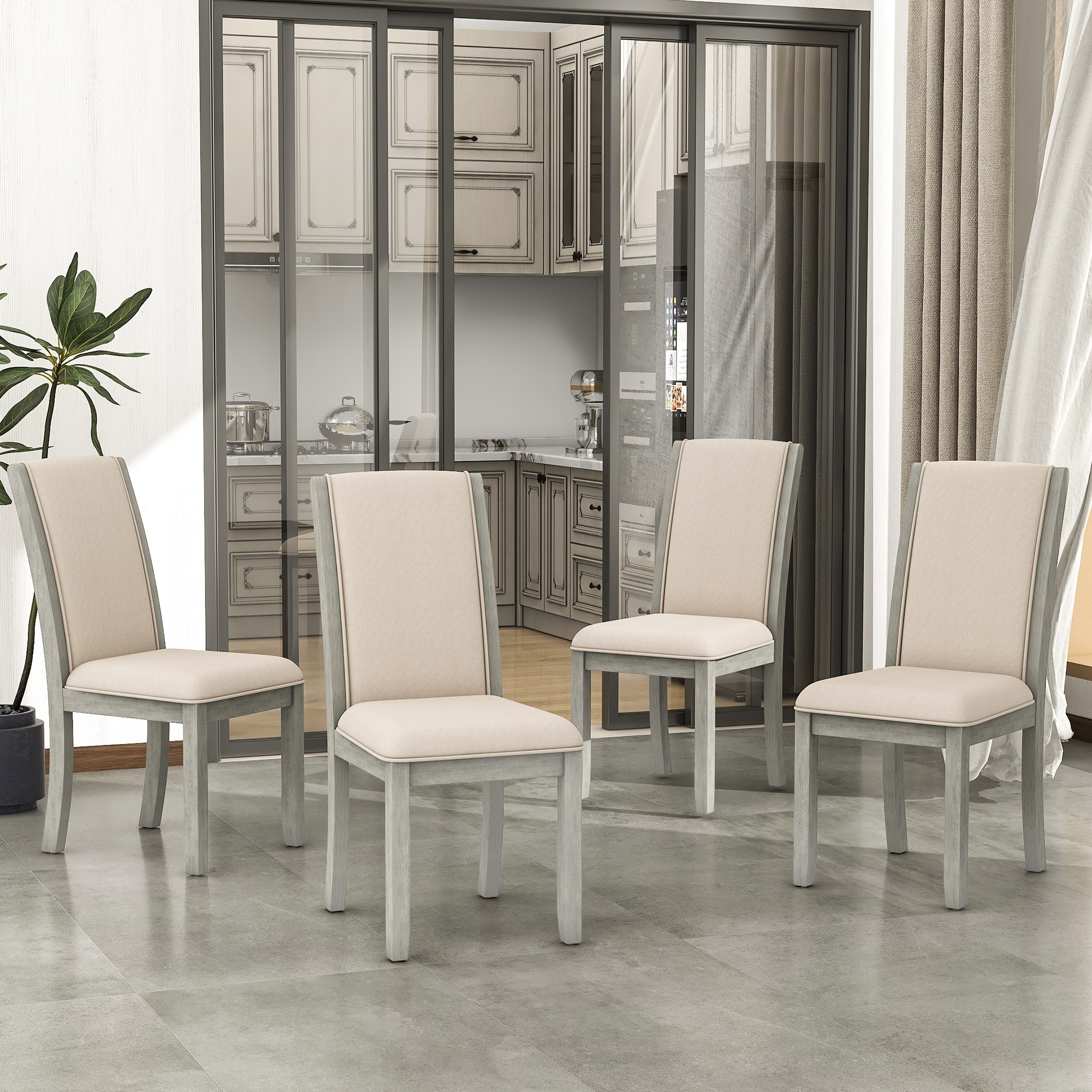 Set of 4 Farmhouse Wood Full Back Upholstered Dining Chairs Bed