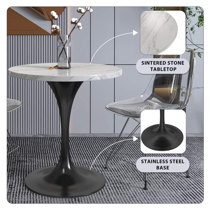 LeisureMod Verve 27" Round Dining Table with Sintered Stone TableTop and Black Steel Base for Kitchen & Dining Room - 27.56