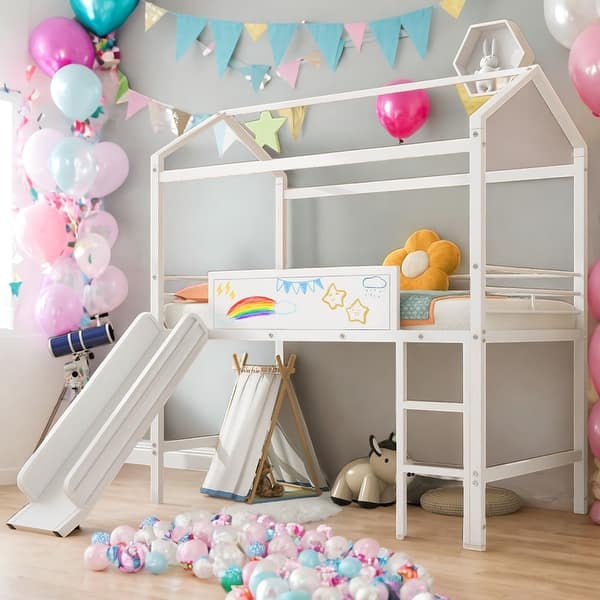 slide 2 of 13, Twin Size House Bed Loft Bed With Slide and Two-sided Writable Board for Home White