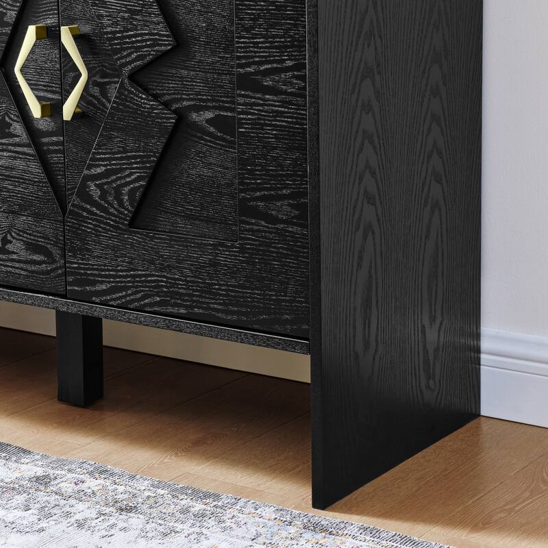 Anmytek Black Wood Grain Sideboard with Geometric Doors and Gold Handles 4-Door Buffet Console