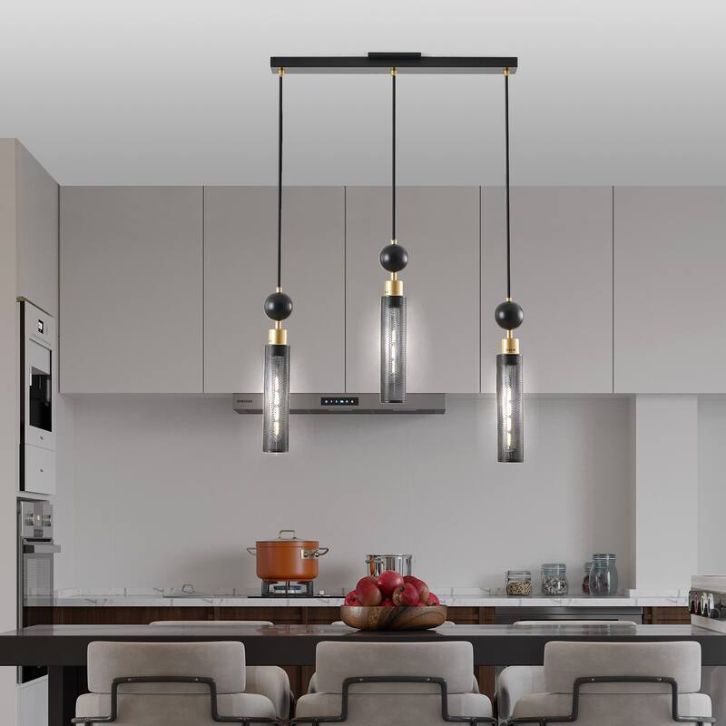 25" Modern 3-Light Pendant Chandelier, Adjustable Hanging Lights Cylindrical Mesh Shades, Ideal for Dining Room,Living Room