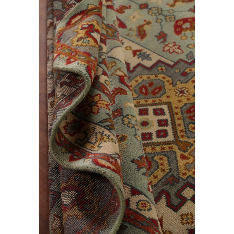 Tribal Green Geometric Heriz Serapi Area Rug Hand-Knotted Wool Carpet - 7'11"x 9'10"
