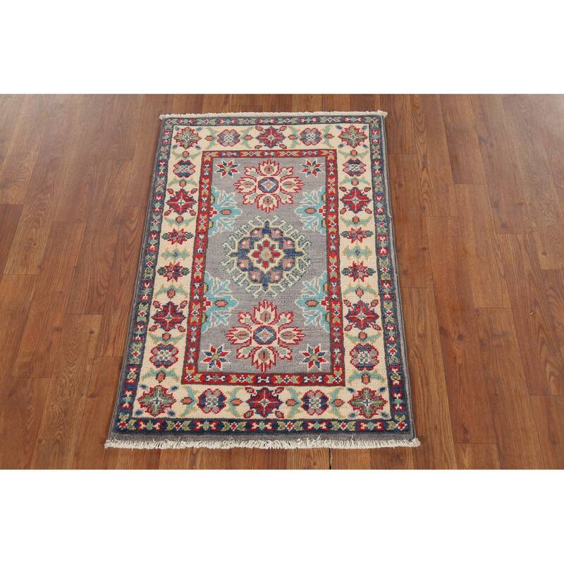 Gray Geometric Kazak Oriental Accent Rug Handmade Wool Carpet - 2'1"x 2'10"