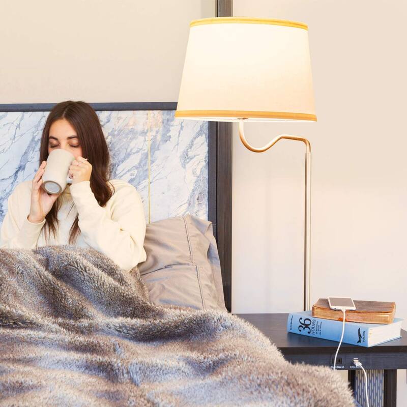 Brightech Madison 56 in. Black with White Fabric Drum Shade Modern LED Bedside Table Lamp with Built-In USB Port (2-Pack)