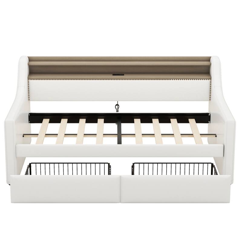 Modern Twin Daybed with Drawers, Built-in Charging Station, LED Lighting, Linen Upholstered