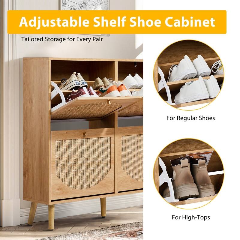 Rattan Shoe Cabinet with 2 / 4 Flip Drawers, Narrow Shoe Storage Cabinet,Organizer for Entryway, Bedroom, Living Room