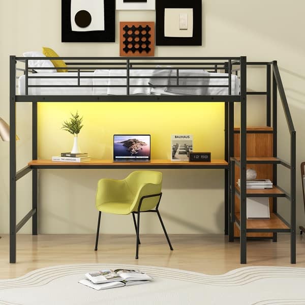 slide 2 of 28, Full Size Loft Bed with Storage Staircase and Wardrobe, Modern Metal Loft Bed Frame with Desk, Charging Station and LED Light Black - Full