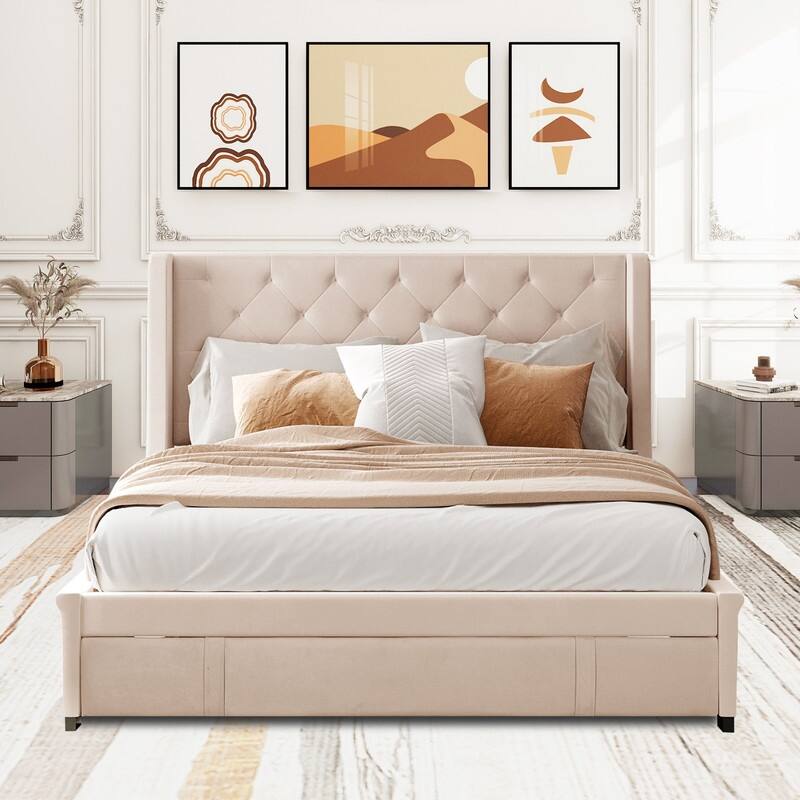 Queen Bed Frame with Storage Drawer, Velvet Upholstered Storage Bed with Button Tufted Headboard - Beige