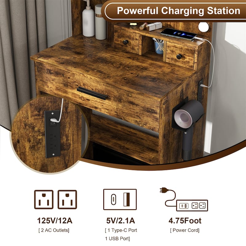 Vanity Table with Mirror & Adjustable LED Lights, Power Outlet, Hairdryer Holder & Stool