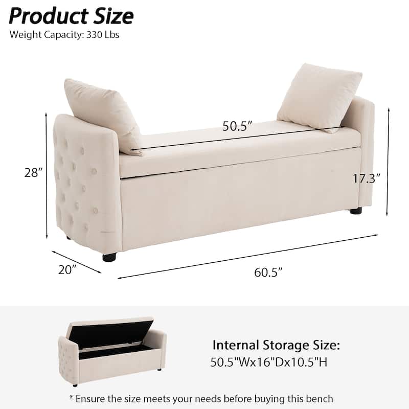 Storage Bench for Bedroom, 60" End of Bed Bench for King Size Bed Modern Upholstered Long Bench with Tufted Arm