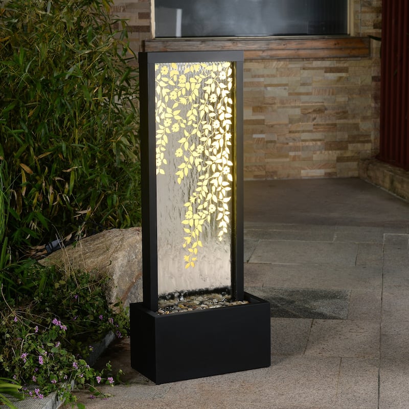 LED Lighted Leaves Mirror Outdoor Garden Water Fountain - 46" - Black