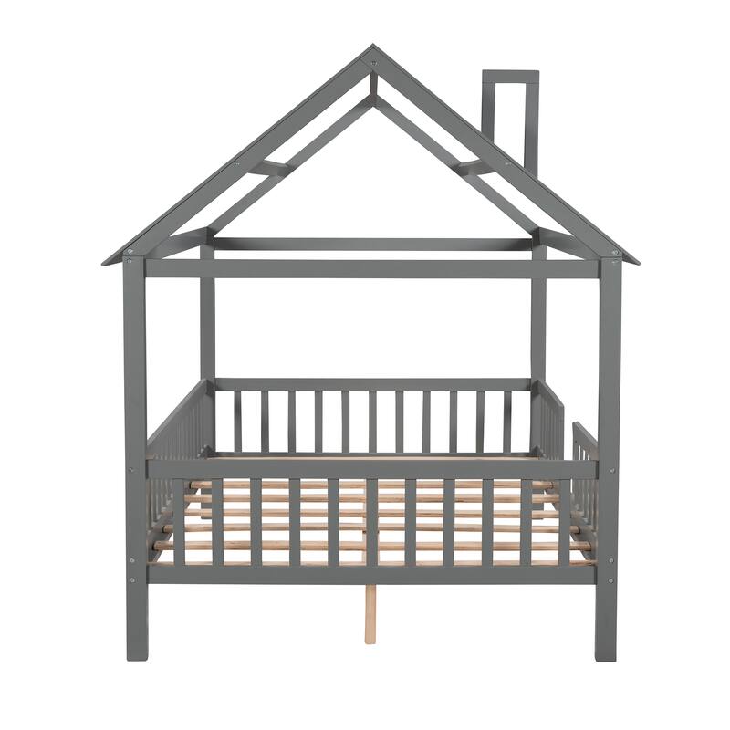 Pine House Platform Bed with Roof and Fence