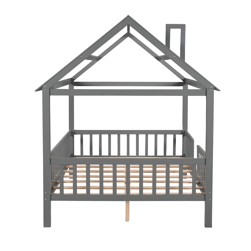 Wood House Bed with Fence
