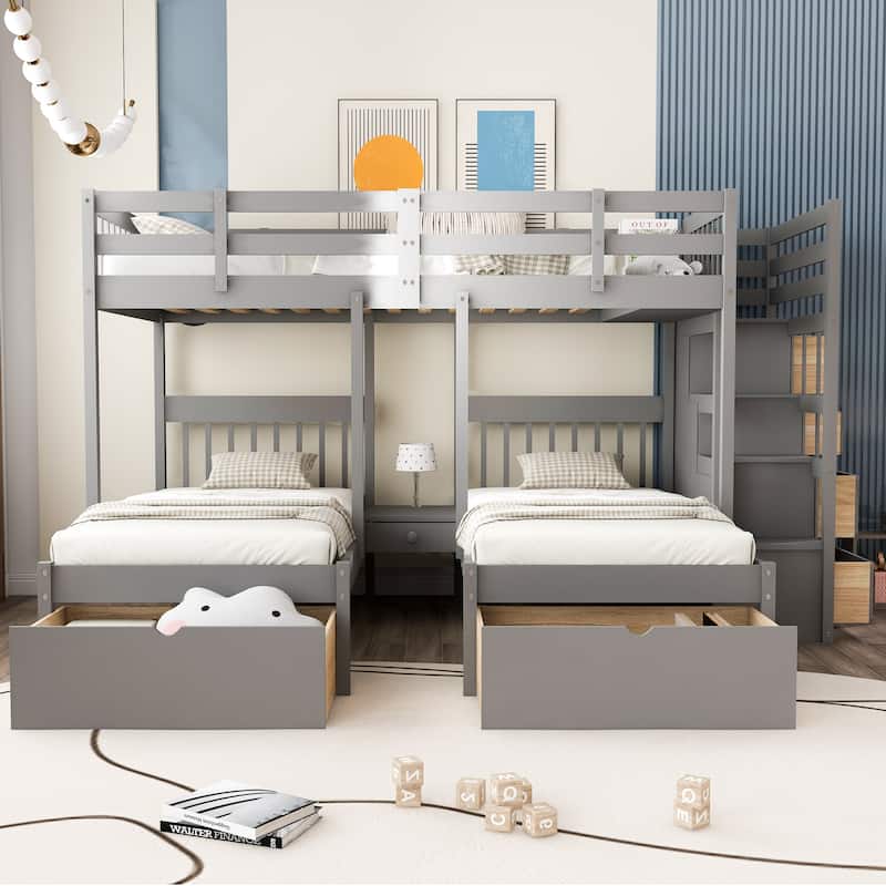 Roomfitters Full Over Twin & Twin Wood Triple Bunk Bed with Drawers and Guardrails