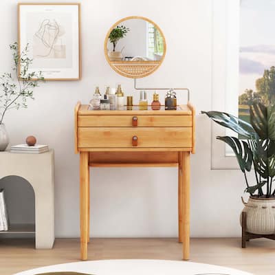 Costway Makeup Vanity Table with Adjustable Mirror Bamboo Dressing - See Details