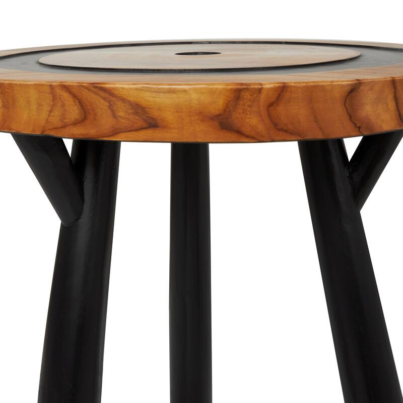 Teak Wood Geometric Layered Circle Accent Table with Black Legs - Brown - Roche River Decor