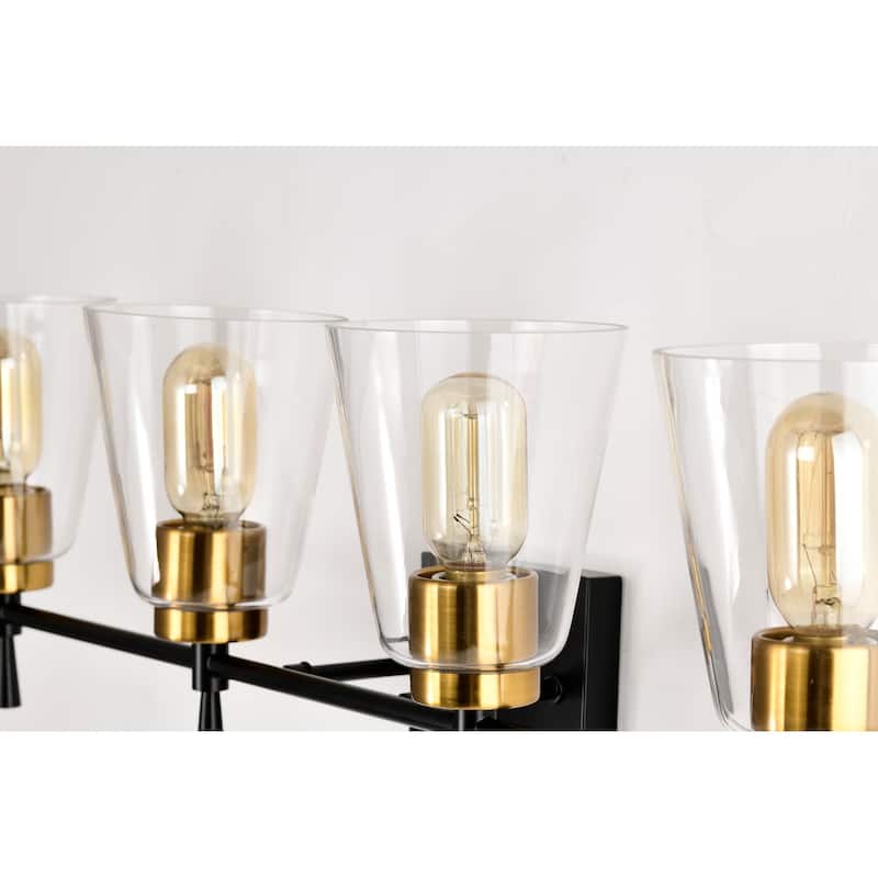 Black and Antique Brass 4-Light Vanity Light with Clear Cone Glass Shades