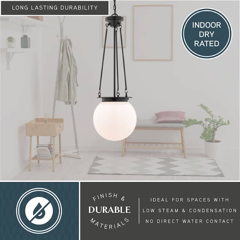 VAXCEL Kent 1-Light 11.75 in. Wide Globe Mini Pendant with White Frosted Opal Glass Shade, Hanging Ceiling Fixture